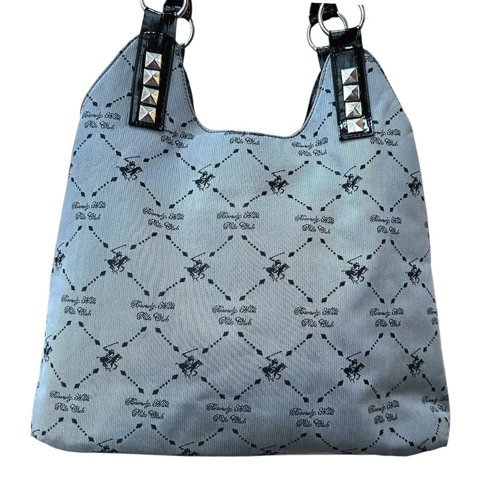 Beverly Hills Polo Club Womens Shoulder Bag Grey Black Monogram Studded Purse